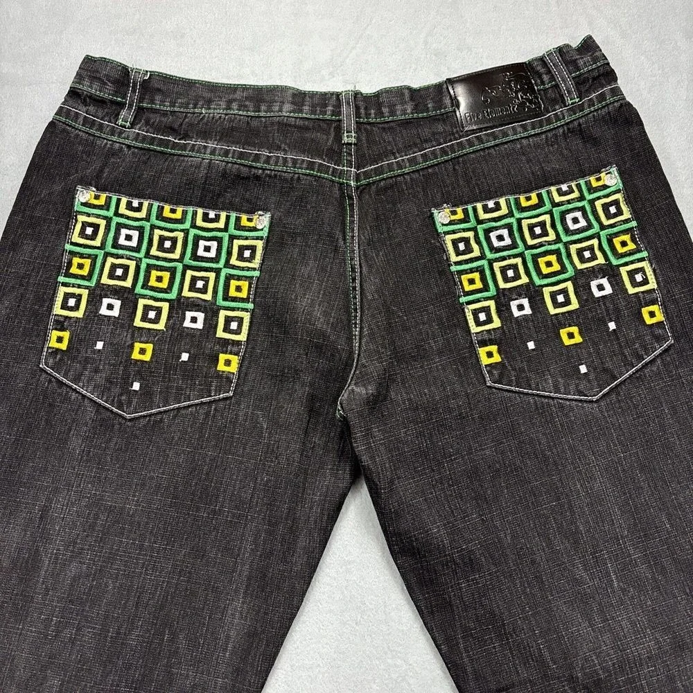 Five Elementz Jeans Mens 42x31 Y2K Black Baggy Embroidered  Streetwear Skater‎